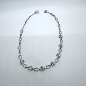 Vintage Crown Trifari  Choker Necklace Silver-Tone Rhinestone Flower Rope 17"